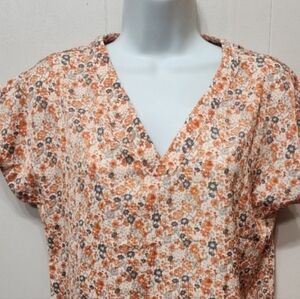 Shein Floral V-Neck Blouse Medium US Size 6‎ Orange White Cap Sleeve Floral C306
